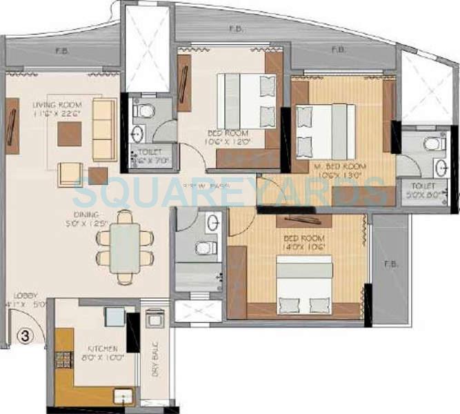 Floor plan of 3 BHK 1890 Sq. Ft. Apartment in RNA Corp Splendour, Mumbai