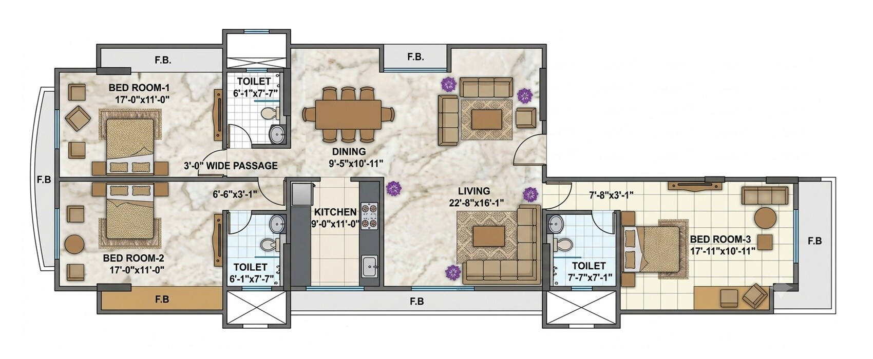 Floor plan of 3 BHK Apartment - 1431 sq. ft. in RNA Elegance, Mumbai