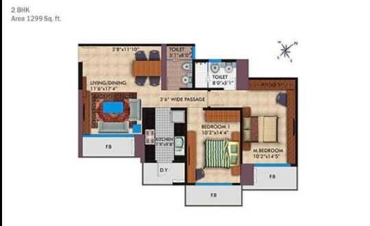 Floor plan of 2 BHK 1299 Sq. Ft. Apartment in RNA Exotica, Mumbai