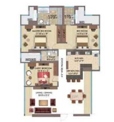 Floor plan of 3 BHK 1178 Sq. Ft. Apartment in RNA Grande, Mumbai