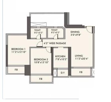 Floor plan of 2 BHK 901 Sq. Ft. Apartment in Rna Metropolis, Mumbai
