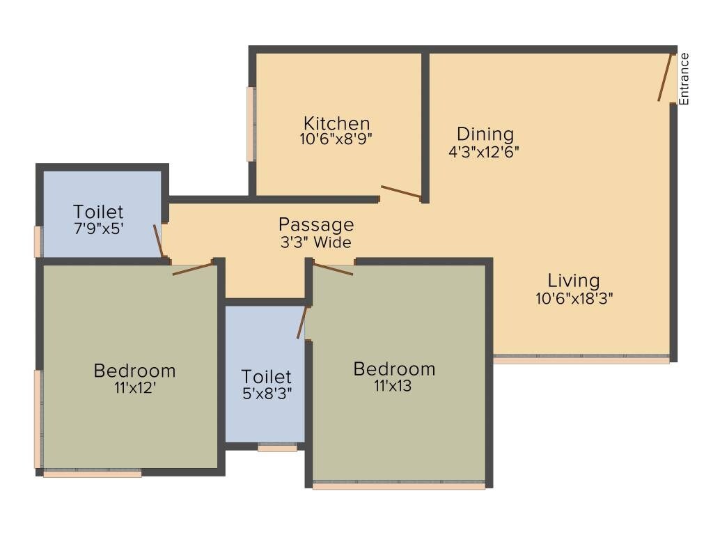 Floor plan of 2 BHK 801 Sq. Ft. Apartment in RNA NG Eclat, Mumbai