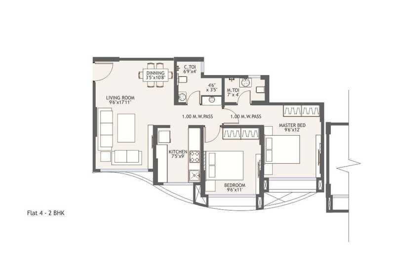 Floor plan of 2 BHK 1055 Sq. Ft. Apartment in RNA NG Royal Park, Mumbai