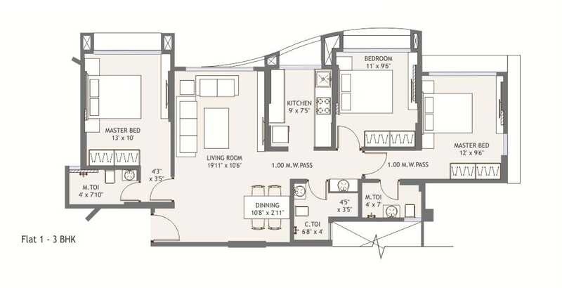 Floor plan of 3 BHK 1435 Sq. Ft. Apartment in RNA NG Royal Park, Mumbai