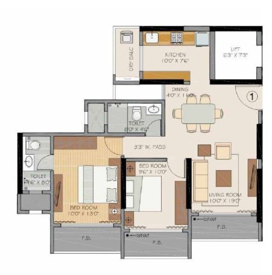 Floor plan of 2 BHK 644 Sq. Ft. Apartment in RNA Splendour, Mumbai