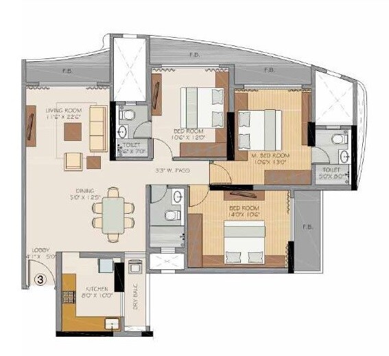 Floor plan of 3 BHK 1145 Sq. Ft. Apartment in RNA Splendour, Mumbai