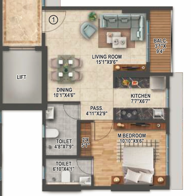 1 BHK 457 Sq. Ft. Apartment in Rockline The Meridian Towers