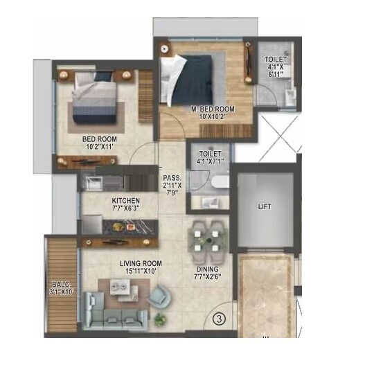 Floor plan of 2 BHK 752 Sq. Ft. Apartment in Rockline The Meridian Towers, Mumbai
