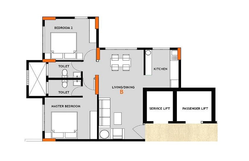 Floor plan of 2 BHK 608 Sq. Ft. Apartment in Rodium X One, Mumbai