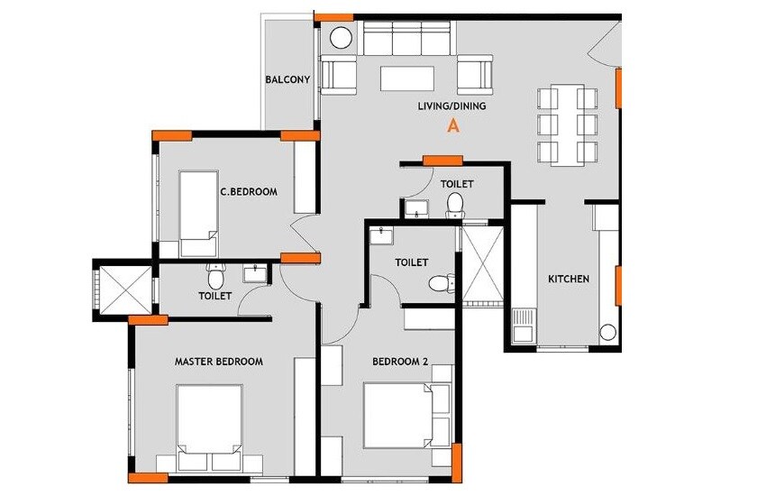 Floor plan of 3 BHK 1080 Sq. Ft. Apartment in Rodium X One, Mumbai