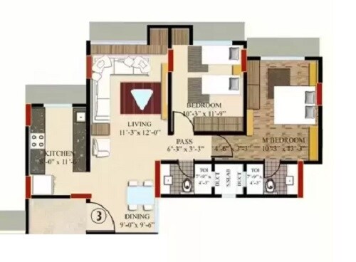 Floor plan of 2 BHK 753 Sq. Ft. Apartment in Rodium X Point, Mumbai
