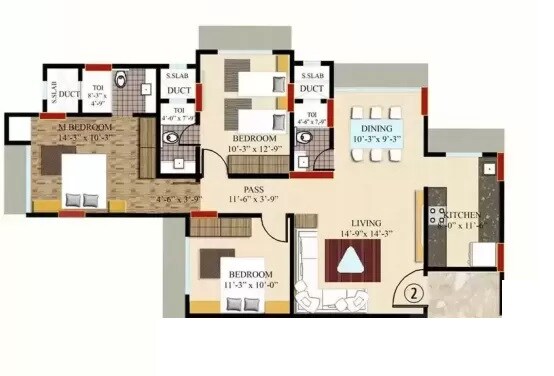 Floor plan of 3 BHK 933 Sq. Ft. Apartment in Rodium X Point, Mumbai