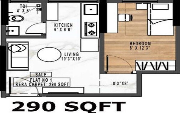 Floor plan of 1 BHK 290 Sq. Ft. Apartment in Rodium Xenus Phase 1, Mumbai