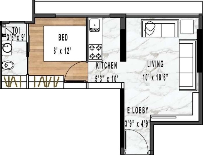Floor plan of 1 BHK 346 Sq. Ft. Apartment in Rodium Xenus Phase 1, Mumbai