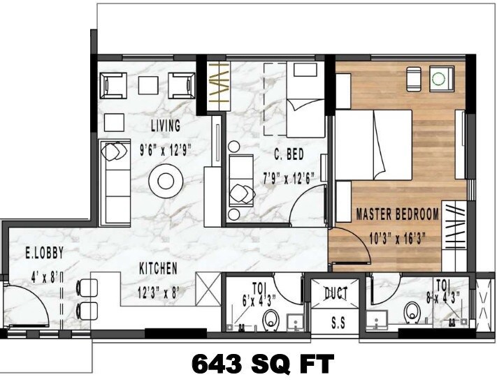 Floor plan of 2 BHK 643 Sq. Ft. Apartment in Rodium Xenus Phase 1, Mumbai