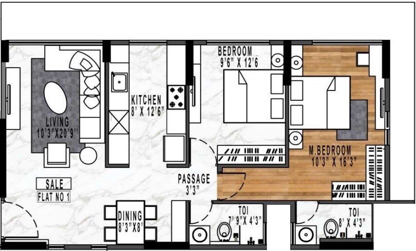 Floor plan of 2 BHK 799 Sq. Ft. Apartment in Rodium Xenus Phase 1, Mumbai