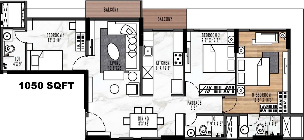 Floor plan of 3 BHK 1050 Sq. Ft. Apartment in Rodium Xenus Phase 1, Mumbai