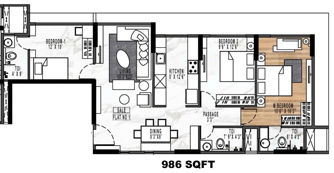 Floor plan of 3 BHK 986 Sq. Ft. Apartment in Rodium Xenus Phase 1, Mumbai
