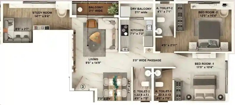 Floor plan of 3 BHK 852 Sq. Ft. Apartment in Roha Eva Aria, Mumbai