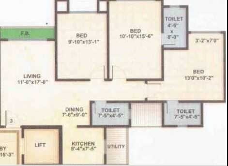 Floor plan of 3 BHK 1510 Sq. Ft. Apartment in Roha Satsang Bharti, Mumbai