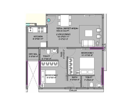 Floor plan of 2 BHK 613 Sq. Ft. Apartment in Roha Vatika, Mumbai