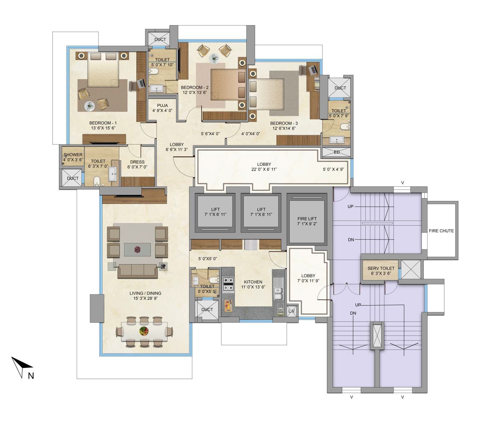 Floor plan of 3 BHK 1545 Sq. Ft. Apartment in Rohan Lifescapes Aquino, Mumbai