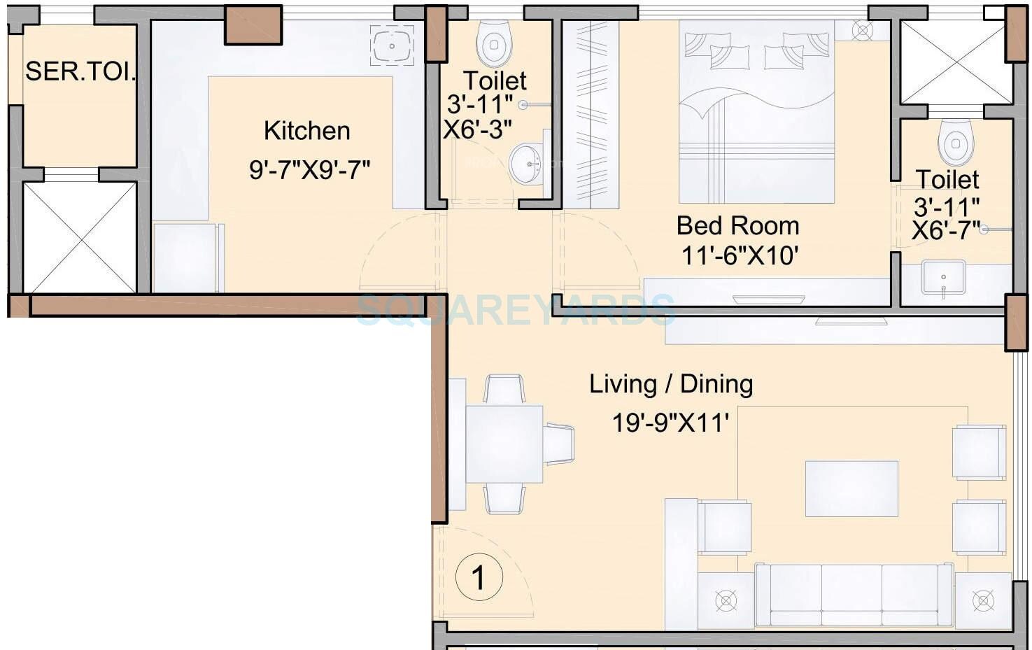 Floor plan of 1 BHK 341 Sq. Ft. Apartment in Rohan Lifescapes Hari Har, Mumbai