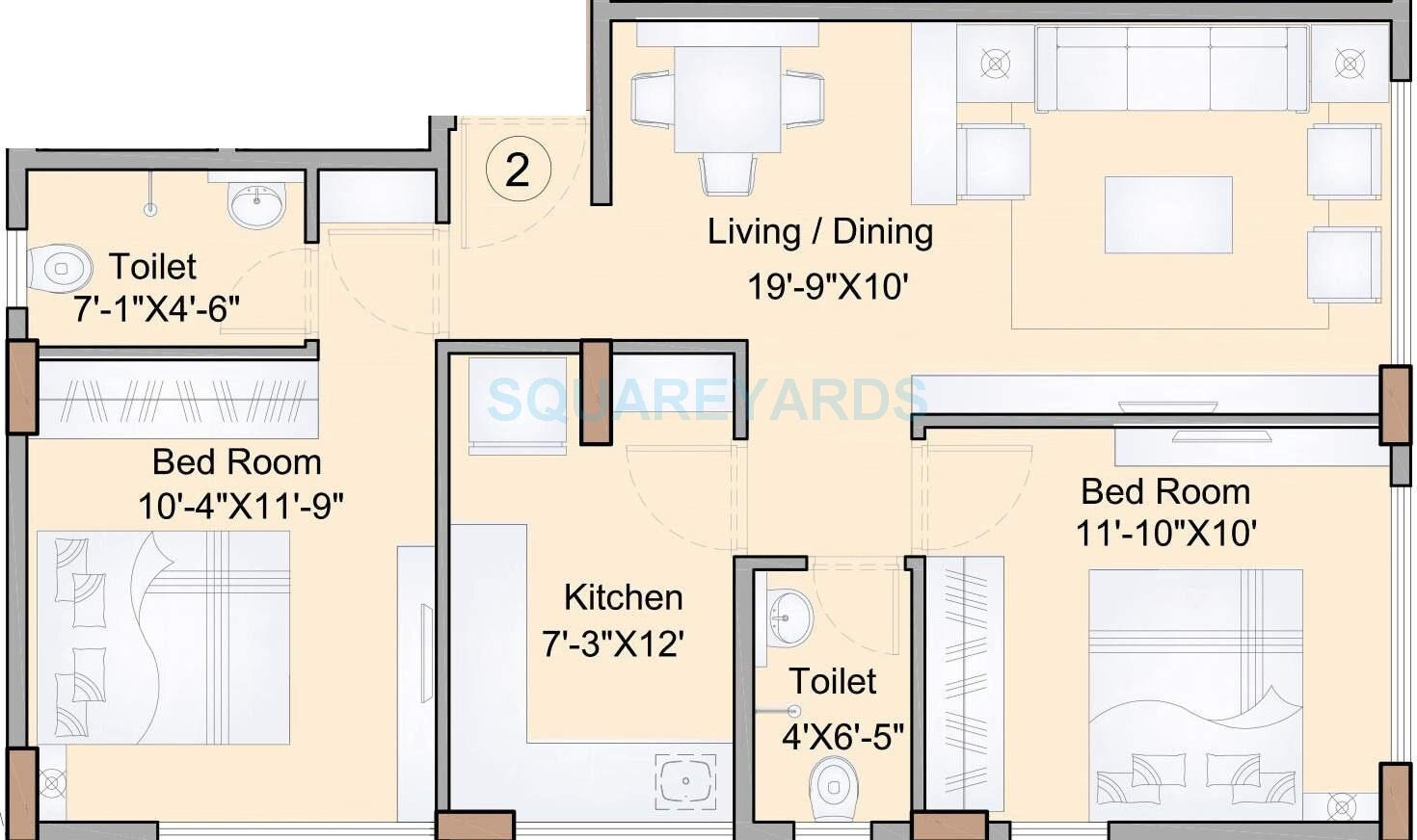 Floor plan of 2 BHK 647 Sq. Ft. Apartment in Rohan Lifescapes Hari Har, Mumbai