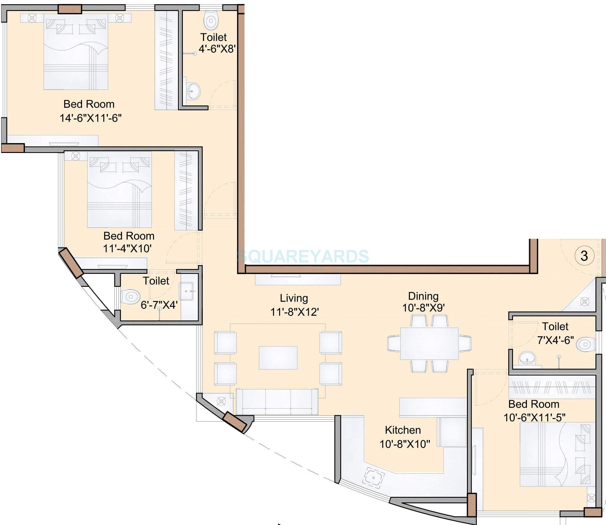 Floor plan of 3 BHK 980 Sq. Ft. Apartment in Rohan Lifescapes Hari Har, Mumbai