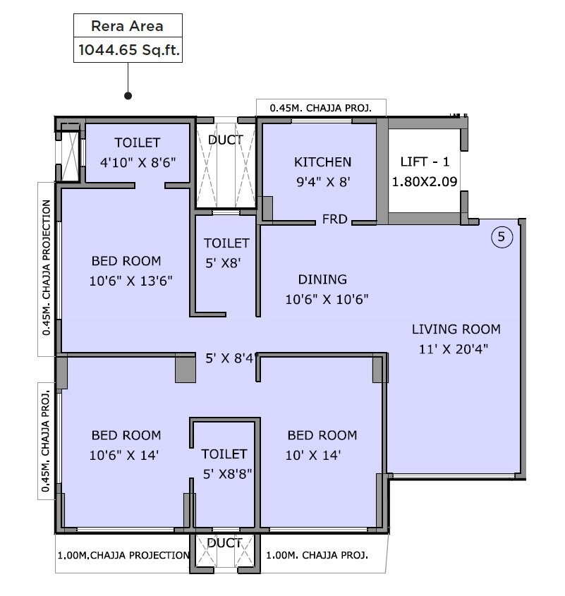 Floor plan of 3 BHK 1045 Sq. Ft. Apartment in Rohan Lifescapes Arihant, Mumbai