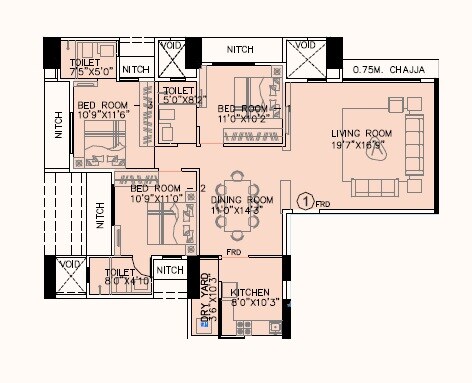 Floor plan of 3 BHK 1017 Sq. Ft. Apartment in Rohan Lifescapes Glory, Mumbai