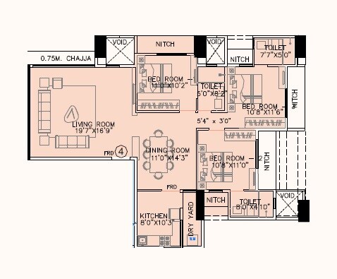 Floor plan of 3 BHK 979 Sq. Ft. Apartment in Rohan Lifescapes Glory, Mumbai
