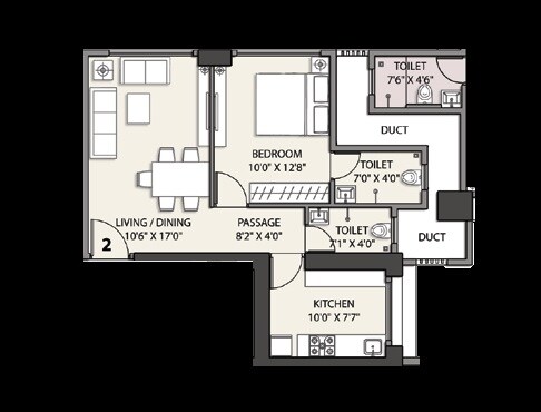 Floor plan of 1 BHK 503 Sq. Ft. Apartment in Rohan Lifescapes Kshitij, Mumbai