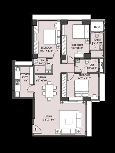 Floor plan of 3 BHK 1063 Sq. Ft. Apartment in Rohan Lifescapes Kshitij, Mumbai
