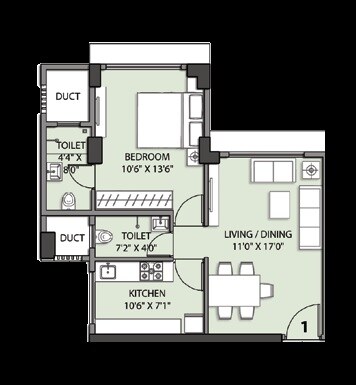 Floor plan of 1 BHK 498 Sq. Ft. Apartment in Rohan Lifescapes Kshitij Heights, Mumbai