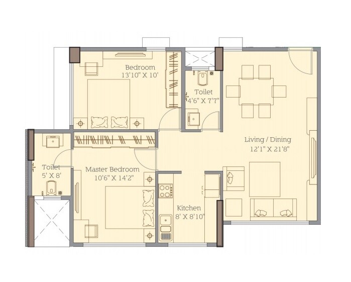 Floor plan of 2 BHK 776 Sq. Ft. Apartment in Rohan Lifescapes Mirage, Mumbai