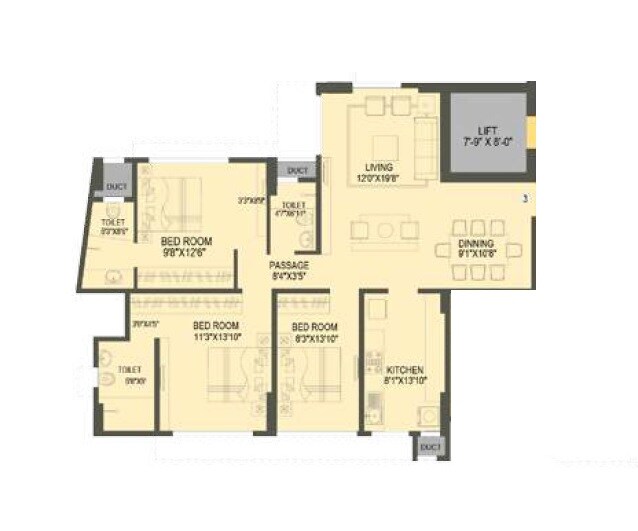 Floor plan of 3 BHK 1080 Sq. Ft. Apartment in Rohan Lifescapes Prithvii, Mumbai