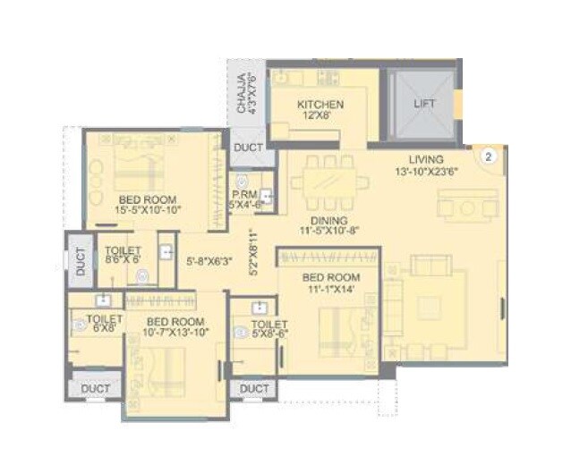 Floor plan of 3 BHK 1318 Sq. Ft. Apartment in Rohan Lifescapes Prithvii, Mumbai