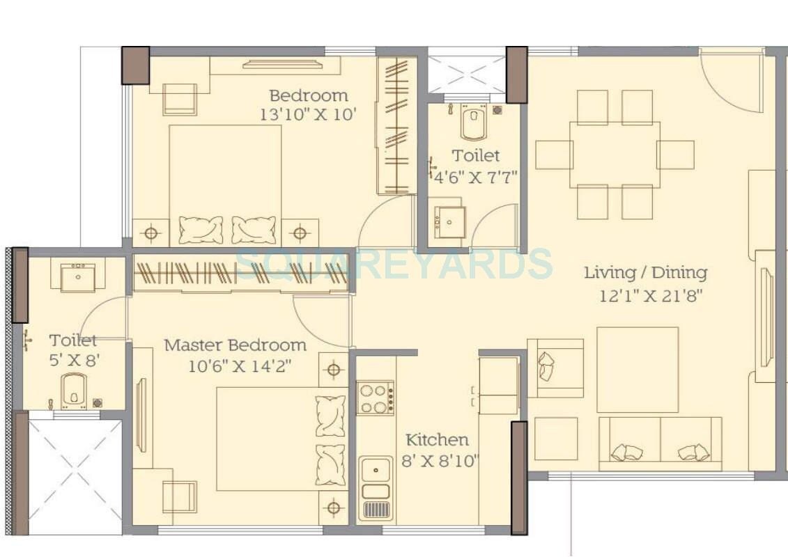 Floor plan of 2 BHK 776 Sq. Ft. Apartment in Rohan Mirage, Mumbai
