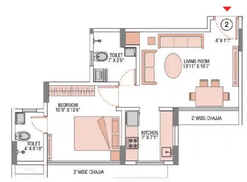 Floor plan of 1 BHK 415 Sq. Ft. Apartment in Rohinton Guruprasad Divine Residency, Mumbai