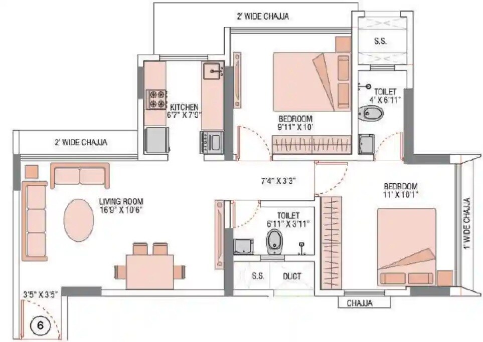 Floor plan of 2 BHK 565 Sq. Ft. Apartment in Rohinton Guruprasad Divine Residency, Mumbai