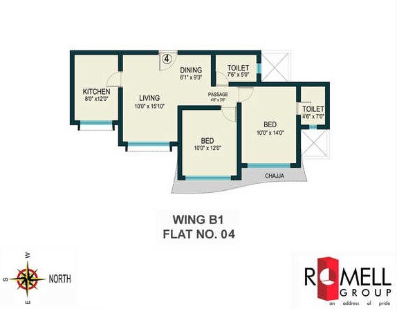 Floor plan of 2 BHK 710 Sq. Ft. Apartment in Romell Aether, Mumbai