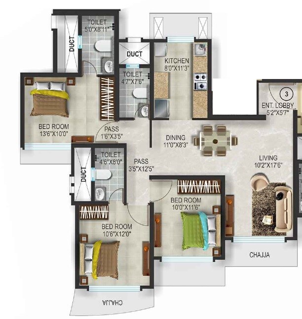 Floor plan of 3 BHK 980 Sq. Ft. Apartment in Romell Aether, Mumbai