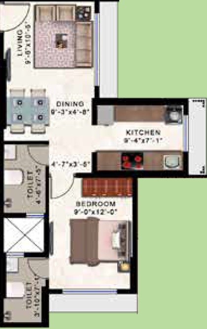 Floor plan of 1 BHK 407 Sq. Ft. Apartment in Romell Allure, Mumbai