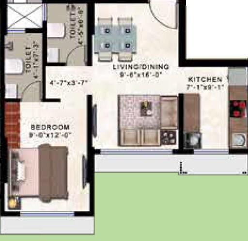 Floor plan of 1 BHK 420 Sq. Ft. Apartment in Romell Allure, Mumbai