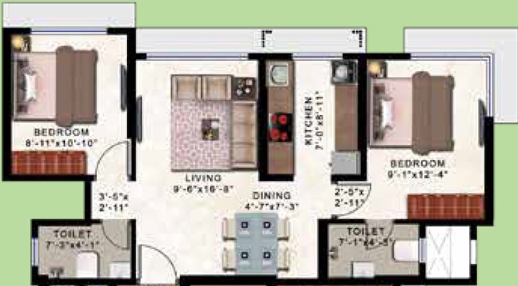 Floor plan of 2 BHK 567 Sq. Ft. Apartment in Romell Allure, Mumbai