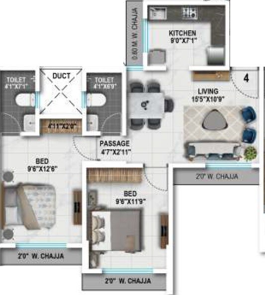 Floor plan of 2 BHK 564 Sq. Ft. Apartment in Romell Amore, Mumbai