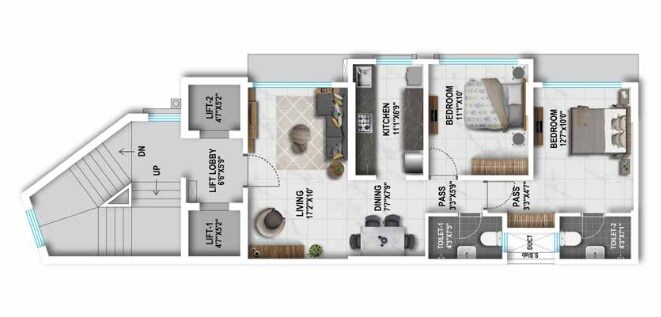 Floor plan of 2 BHK 672 Sq. Ft. Apartment in Romell Cornerstone, Mumbai