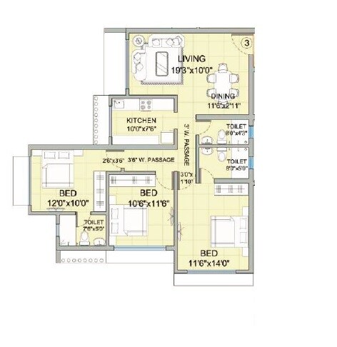 Floor plan of 3 BHK 934 Sq. Ft. Apartment in Romell Diva, Mumbai