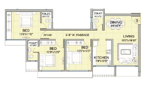 Floor plan of 3 BHK 960 Sq. Ft. Apartment in Romell Diva, Mumbai
